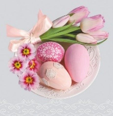 Maki ubrousky velikonon 3vrstv 33 x 33 cm 20 ks -Easter Eggs with Pink Tulips and Primr